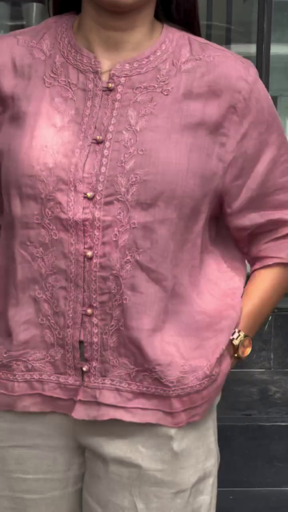 Shirt with Tonal Floral Embroidery, Navy, Beige or Pink
