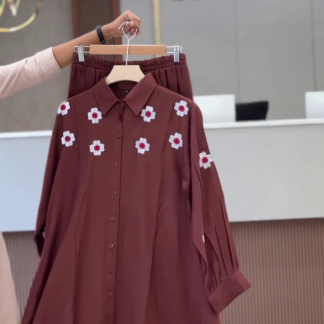 Maroon Shirt with Floral Embroidery and Relaxed Pants