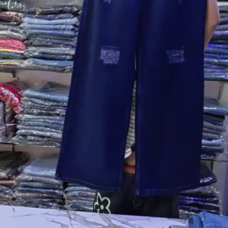 Deep Blue High-Rise Wide-Leg Distressed Jeans