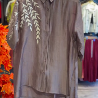 Mocha Brown Leaf Embroidered Shirt with Beige Relaxed Pants