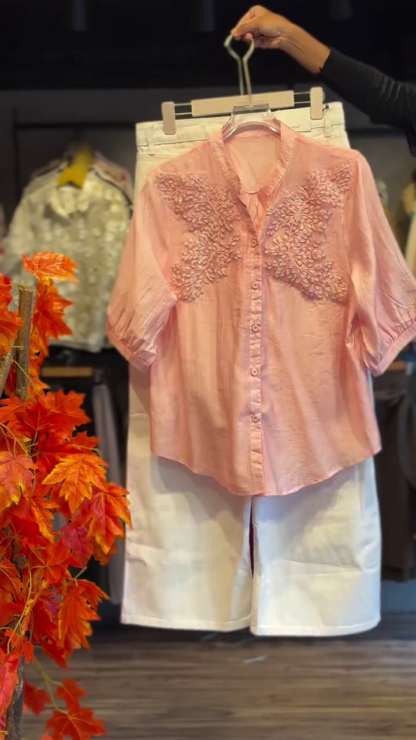 Blush Embroidered Shirt with Ivory Wide-Leg Pants