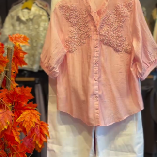 Blush Embroidered Shirt with Ivory Wide-Leg Pants