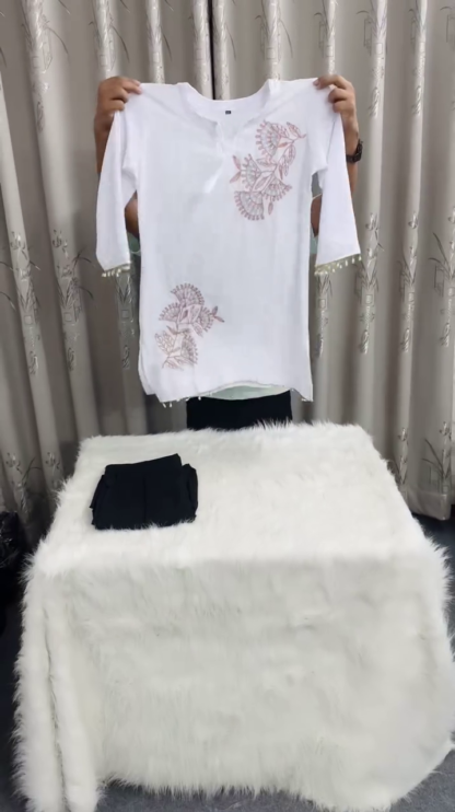 White Embroidered Top with Lace Trim and Matching Pants