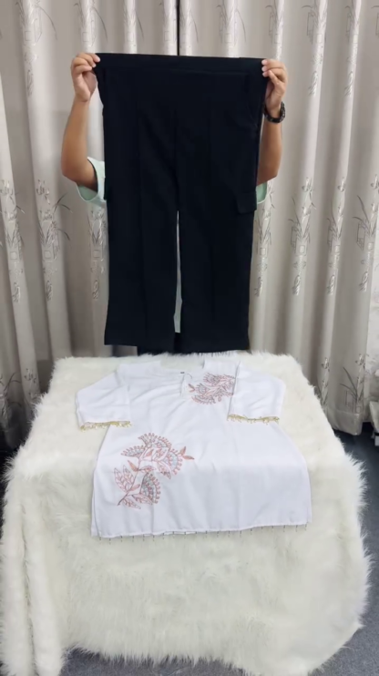 White Embroidered Top with Lace Trim and Matching Pants