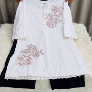White Embroidered Top with Lace Trim and Matching Pants