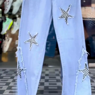 Light Wash Wide-Leg Jeans with Star Patchwork