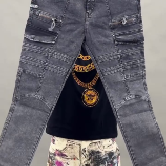 Grey Cargo Denim Jeans with Multi-Pocket Detail