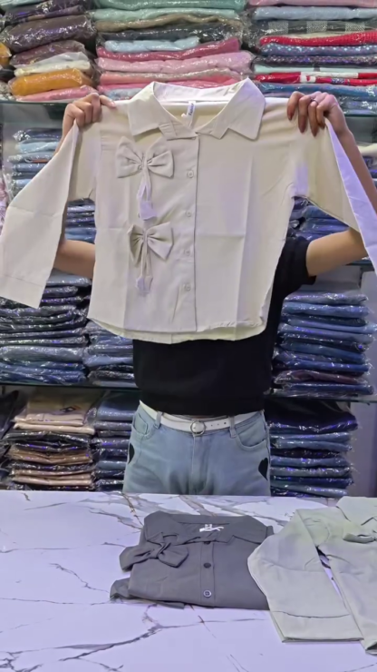 Bow Detail Button-Down Shirt with Three-Quarter Sleeves