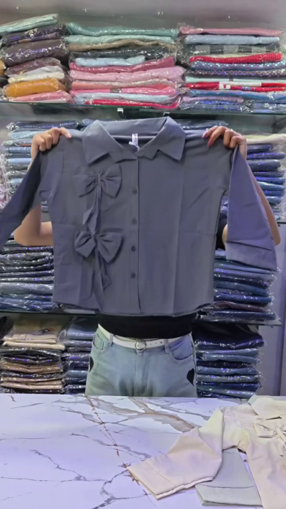 Bow Detail Button-Down Shirt with Three-Quarter Sleeves