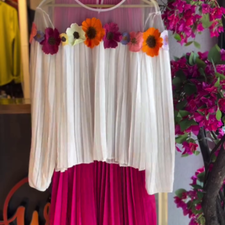 Sheer Floral Applique Top with Pleated Skirt Set