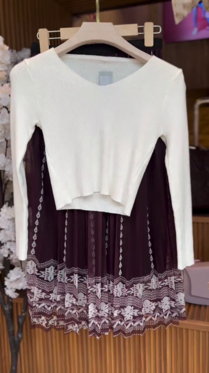 Ivory Ribbed Crop Top with Printed Midi Skirt Set