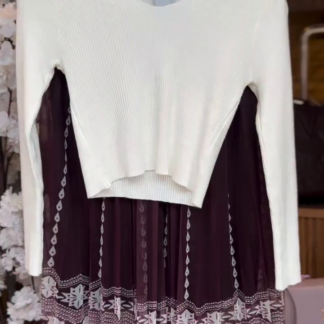 Ivory Ribbed Crop Top with Printed Midi Skirt Set