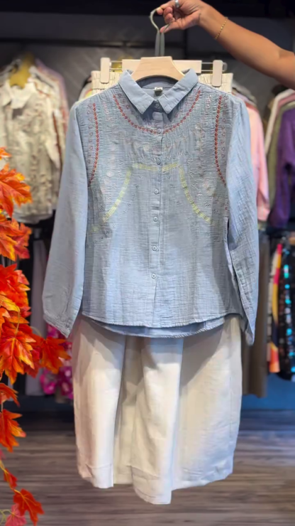 Pastel Blue Embroidered Shirt with Cream Wide-Leg Trousers