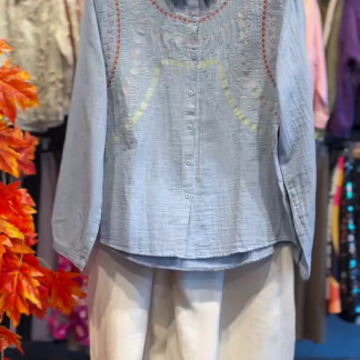 Pastel Blue Embroidered Shirt with Cream Wide-Leg Trousers