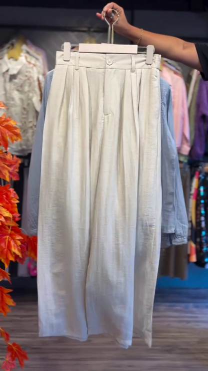 Pastel Blue Embroidered Shirt with Cream Wide-Leg Trousers
