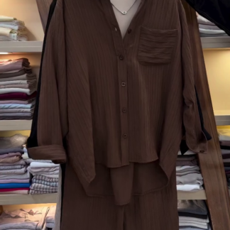 Brown Crinkle Pleated Shirt and Trouser Co-ord