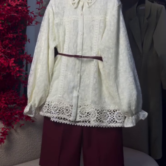 Lace-Detail White Shirt with Maroon Trousers Set