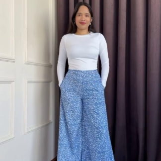 Blue and White Floral Flared High-Rise Trousers
