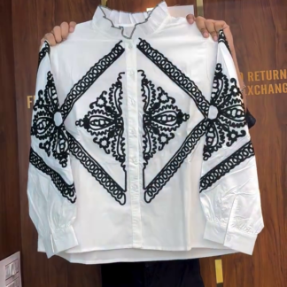 White Embroidered Mandarin Collar Shirt