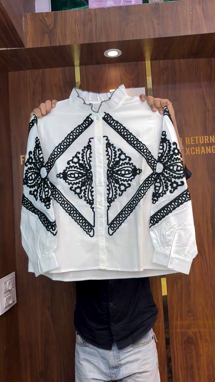 White Embroidered Mandarin Collar Shirt