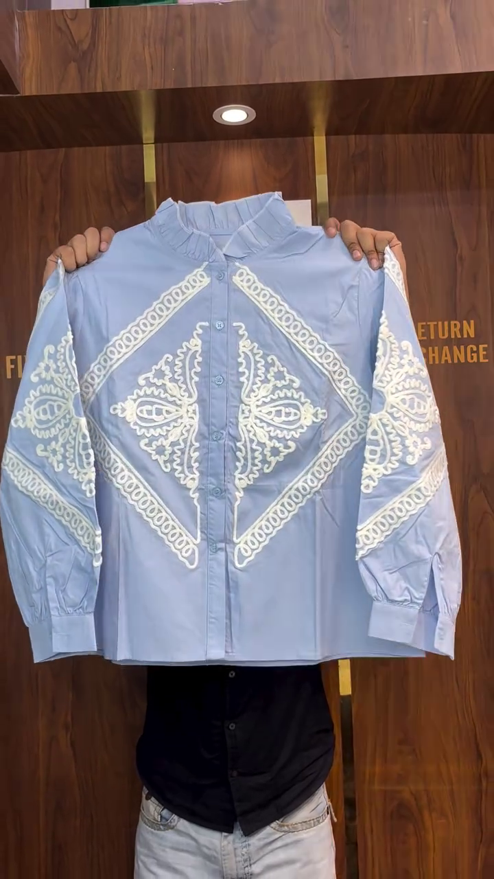 White Embroidered Mandarin Collar Shirt - Image 2