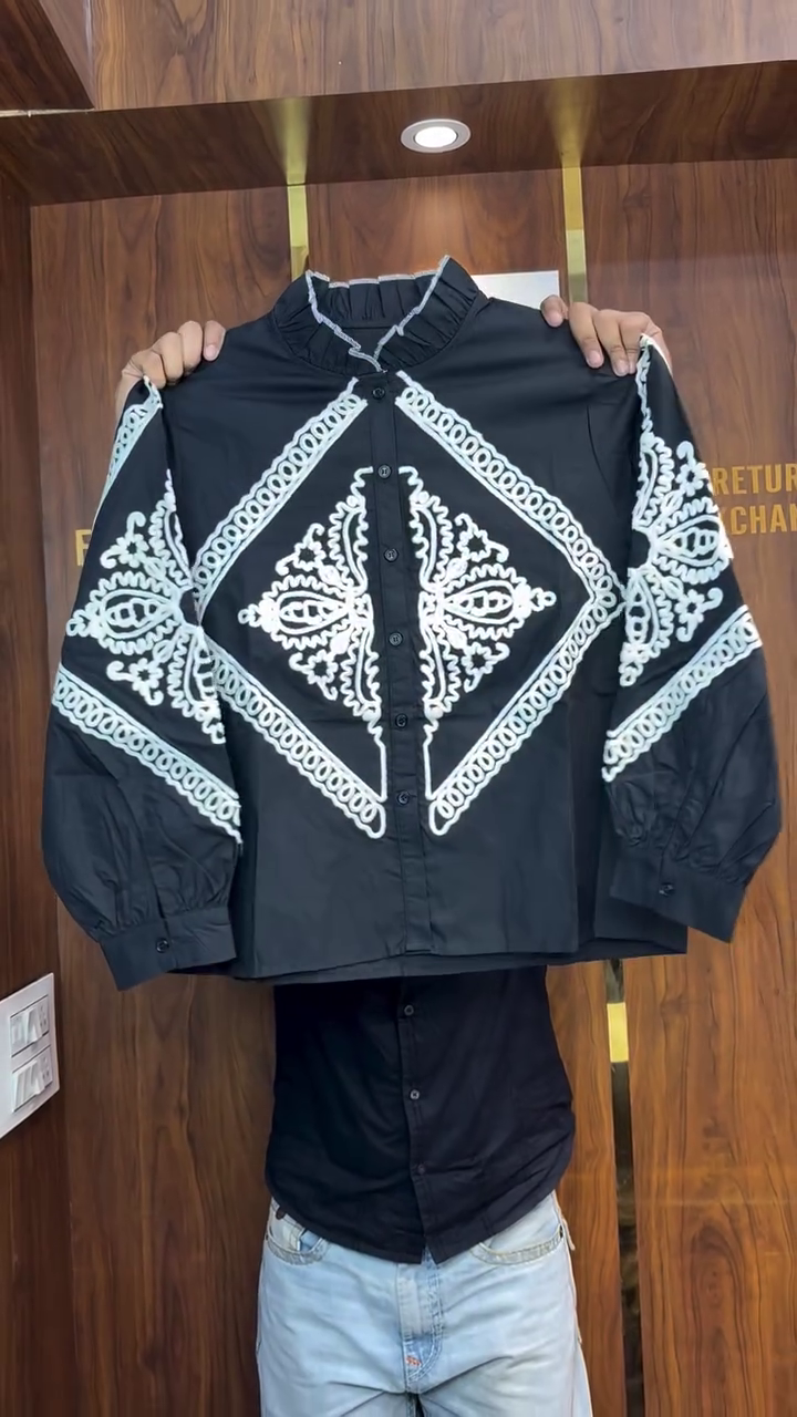 White Embroidered Mandarin Collar Shirt - Image 4