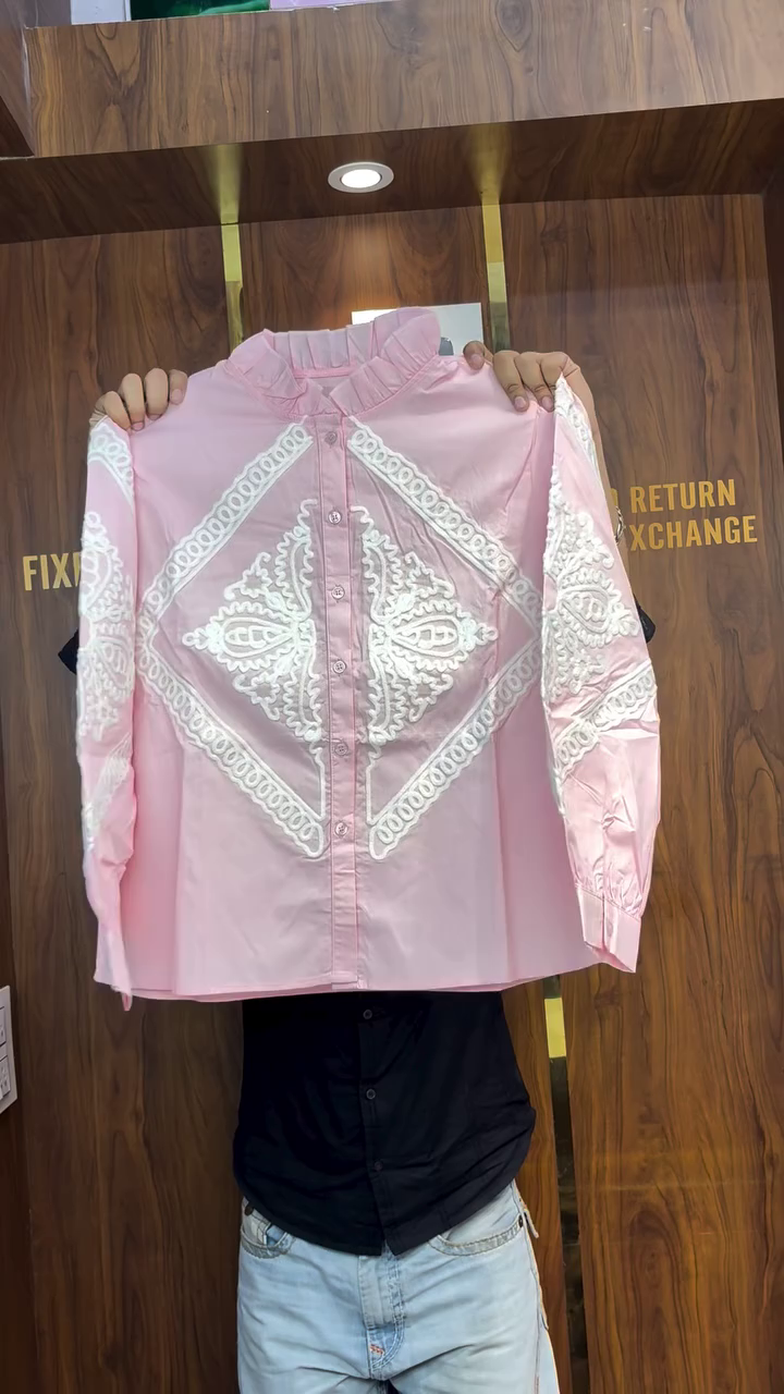 White Embroidered Mandarin Collar Shirt - Image 3
