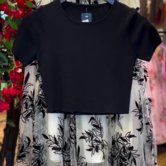 Black Crop Top with Floral Embroidered Tulle Skirt