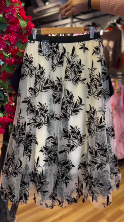Black Crop Top with Floral Embroidered Tulle Skirt