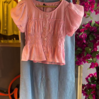 Pink Smocked Peplum Top with Denim Skirt