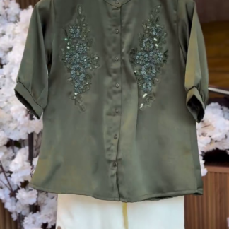 Olive Green Notch-Neck Shirt with Trousers