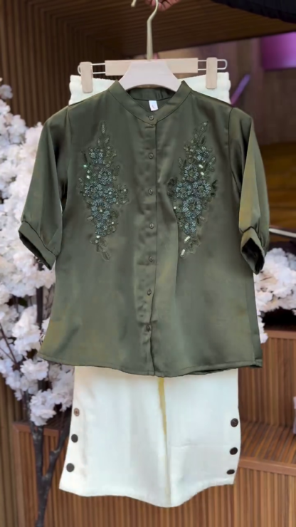 Olive Green Notch-Neck Shirt with Trousers