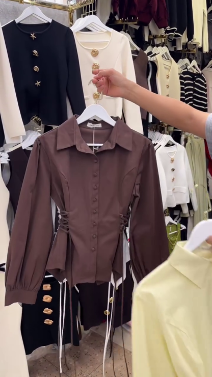 Gathered Poplin Shirt with Lace-Up Sides, Assorted Colours