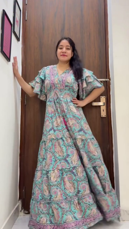 Frill Sleeve Maxi Dress with Cinched Waist