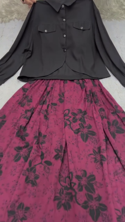 Black Button-Down Top with Maroon Floral Skirt
