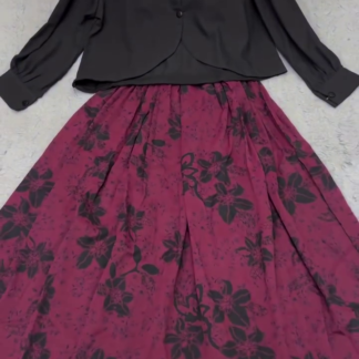 Black Button-Down Top with Maroon Floral Skirt