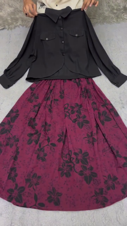 Black Button-Down Top with Maroon Floral Skirt