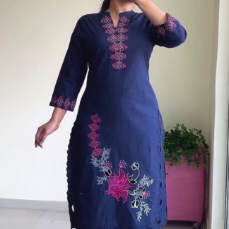 Dark Blue Kurta and Pant Set with Pink Floral Embroidery