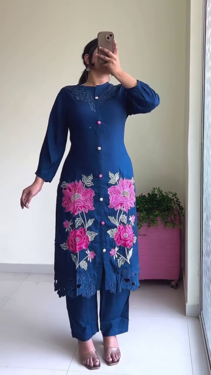 Embroidered Kurta and Pant Set, Assorted Colours