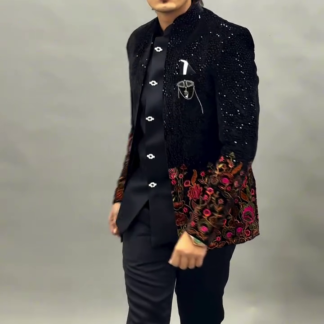 Black Floral Embroidered Blazer Set with Shirt and Trousers