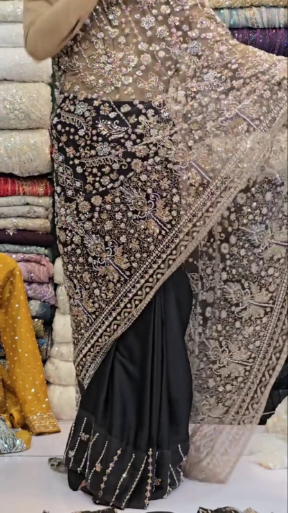 Black Embroidered Saree with Sequins and Sheer Pallu
