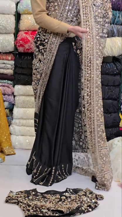 Black Embroidered Saree with Sequins and Sheer Pallu