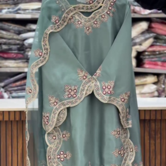 Heavily Embroidered Pakistani-Style Suit with Bell Sleeves