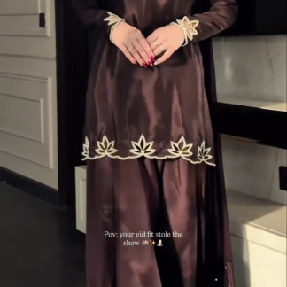Silver Leaf Embroidered Long Kurti Set with Pants and Dupatta