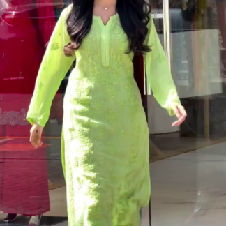 Green Long Kurti with Floral Thread Embroidery and Pants