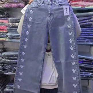 Wide-Leg Blue Denim Jeans with Butterfly Embellishments