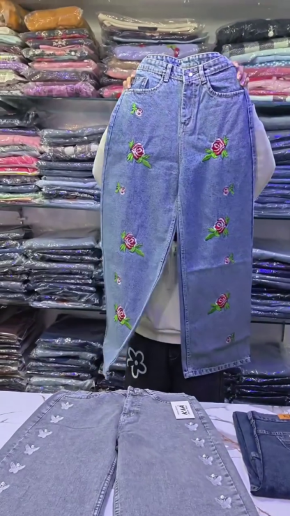 Wide-Leg Blue Denim Jeans with Butterfly Embellishments