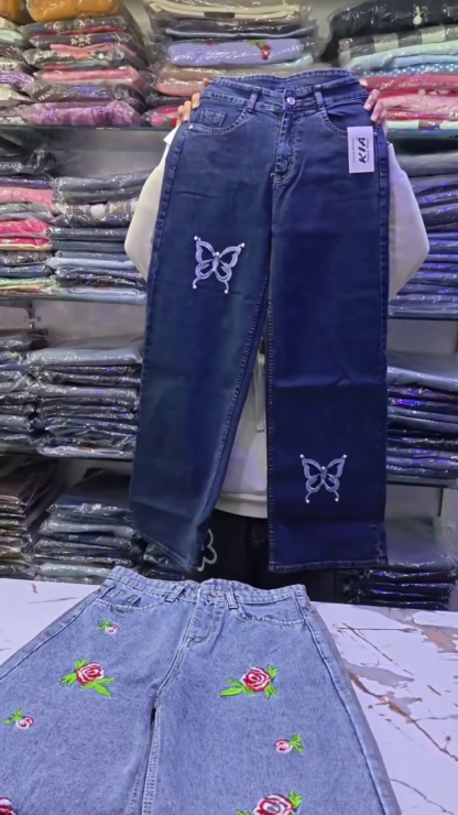 Wide-Leg Blue Denim Jeans with Butterfly Embellishments