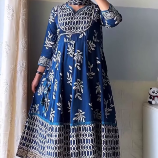Navy Blue Cotton Angrakha Kurta Set with Floral Block Print