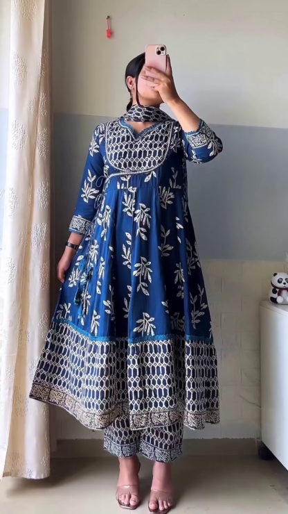 Cotton Angrakha Kurta Set with Floral Block Print, Assorted Colours